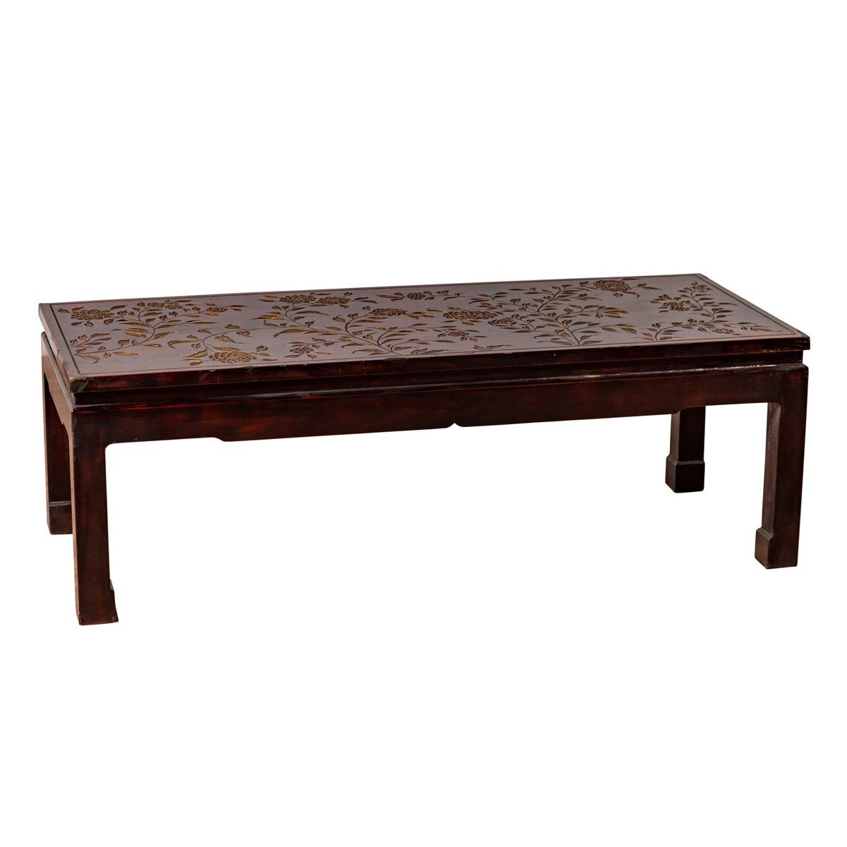 Vintage Chinese Lacquered Coffee Table with Carved and Gilt Floral Décor-1. Asian & Chinese Furniture, Art, Antiques, Vintage Home Décor for sale at FEA Home