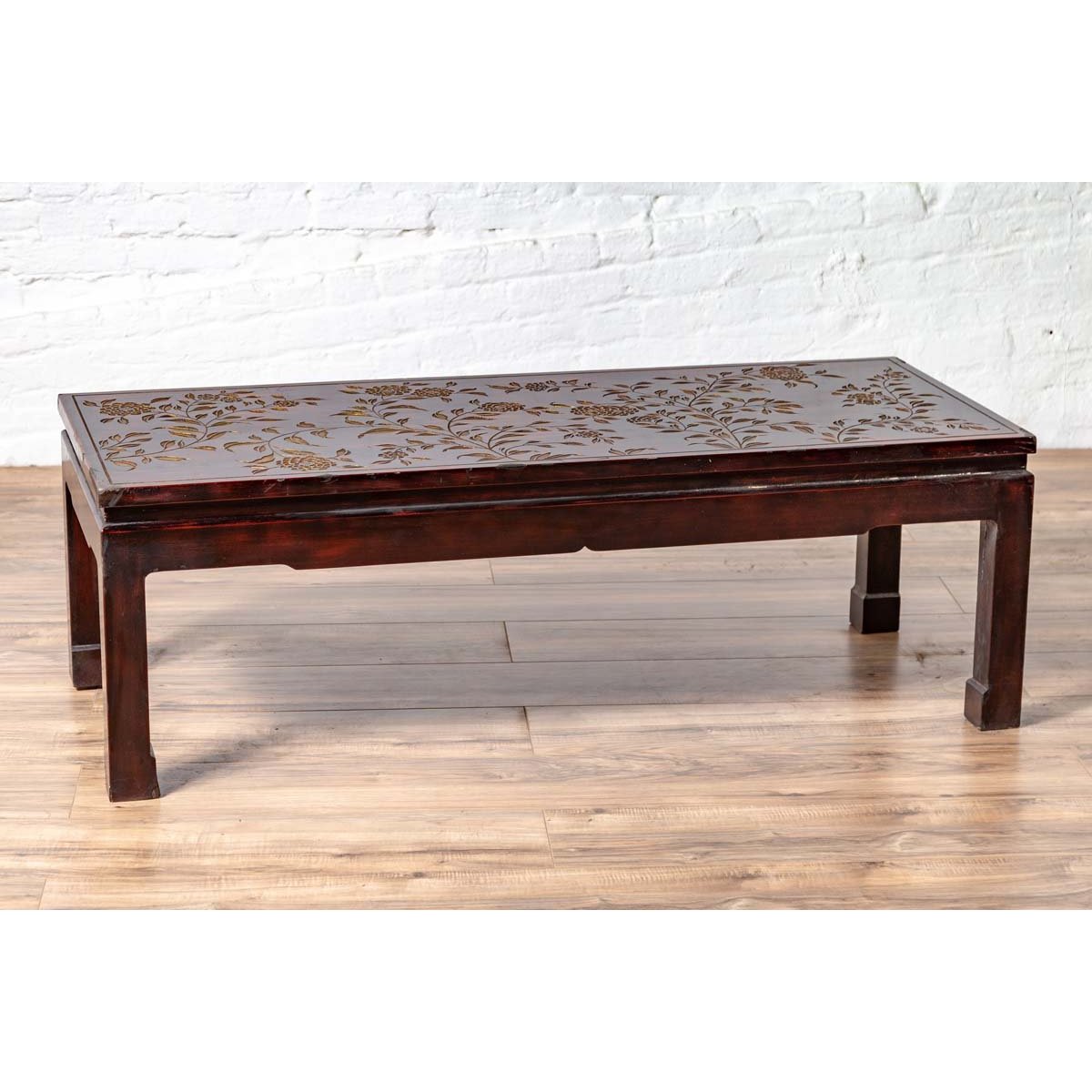 Vintage Chinese Lacquered Coffee Table with Carved and Gilt Floral Décor-2. Asian & Chinese Furniture, Art, Antiques, Vintage Home Décor for sale at FEA Home