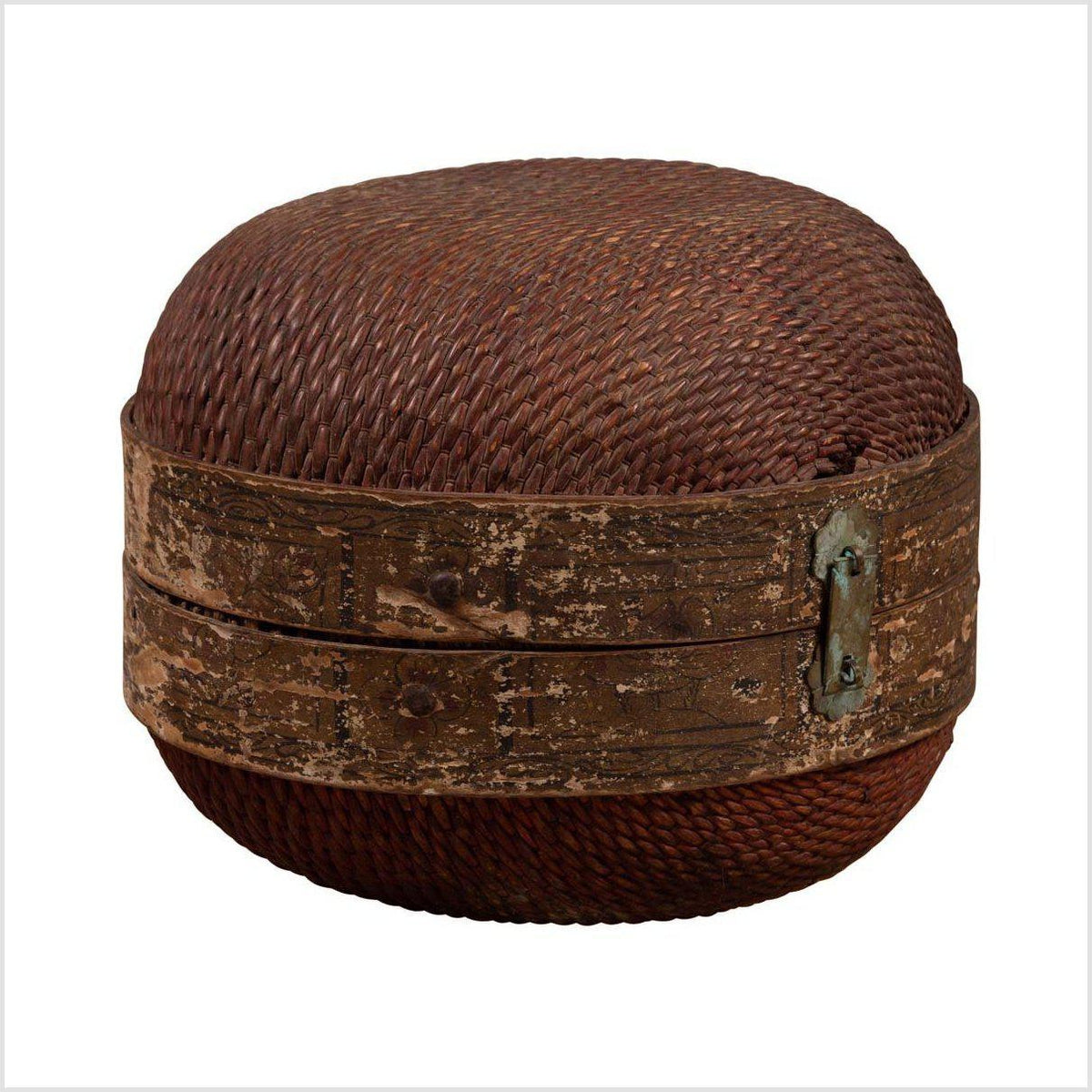 Vintage Chinese Mid-century Rattan Circular Hat Box with Weathered Patina-1. Asian & Chinese Furniture, Art, Antiques, Vintage Home Décor for sale at FEA Home
