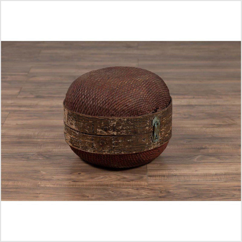 Vintage Chinese Mid-century Rattan Circular Hat Box with Weathered Patina-YN6374-4. Asian & Chinese Furniture, Art, Antiques, Vintage Home Décor for sale at FEA Home