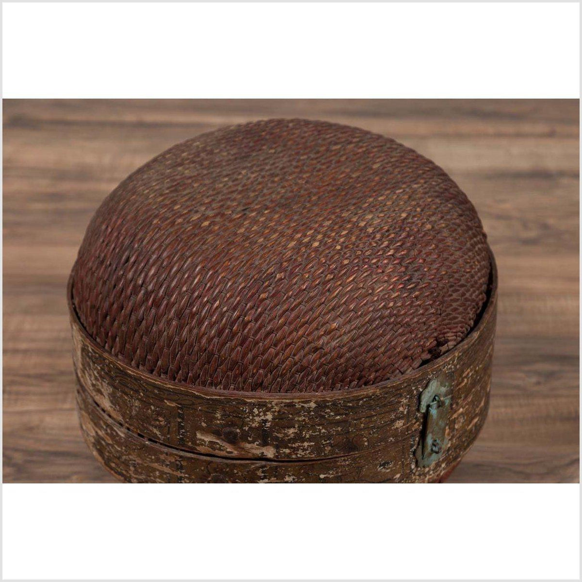 Vintage Chinese Mid-century Rattan Circular Hat Box with Weathered Patina-4. Asian &amp; Chinese Furniture, Art, Antiques, Vintage Home Décor for sale at FEA Home