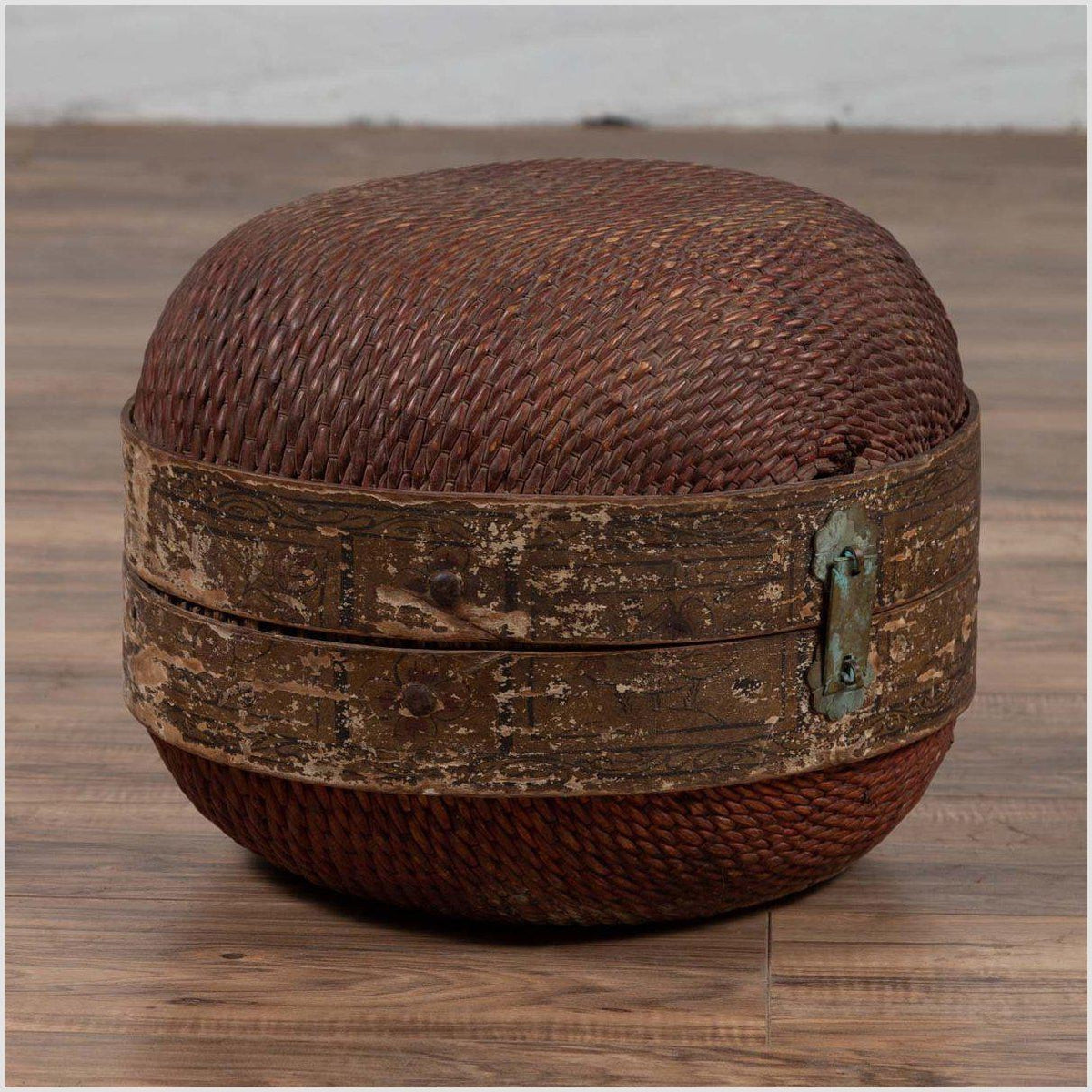Vintage Chinese Mid-century Rattan Circular Hat Box with Weathered Patina-2. Asian & Chinese Furniture, Art, Antiques, Vintage Home Décor for sale at FEA Home