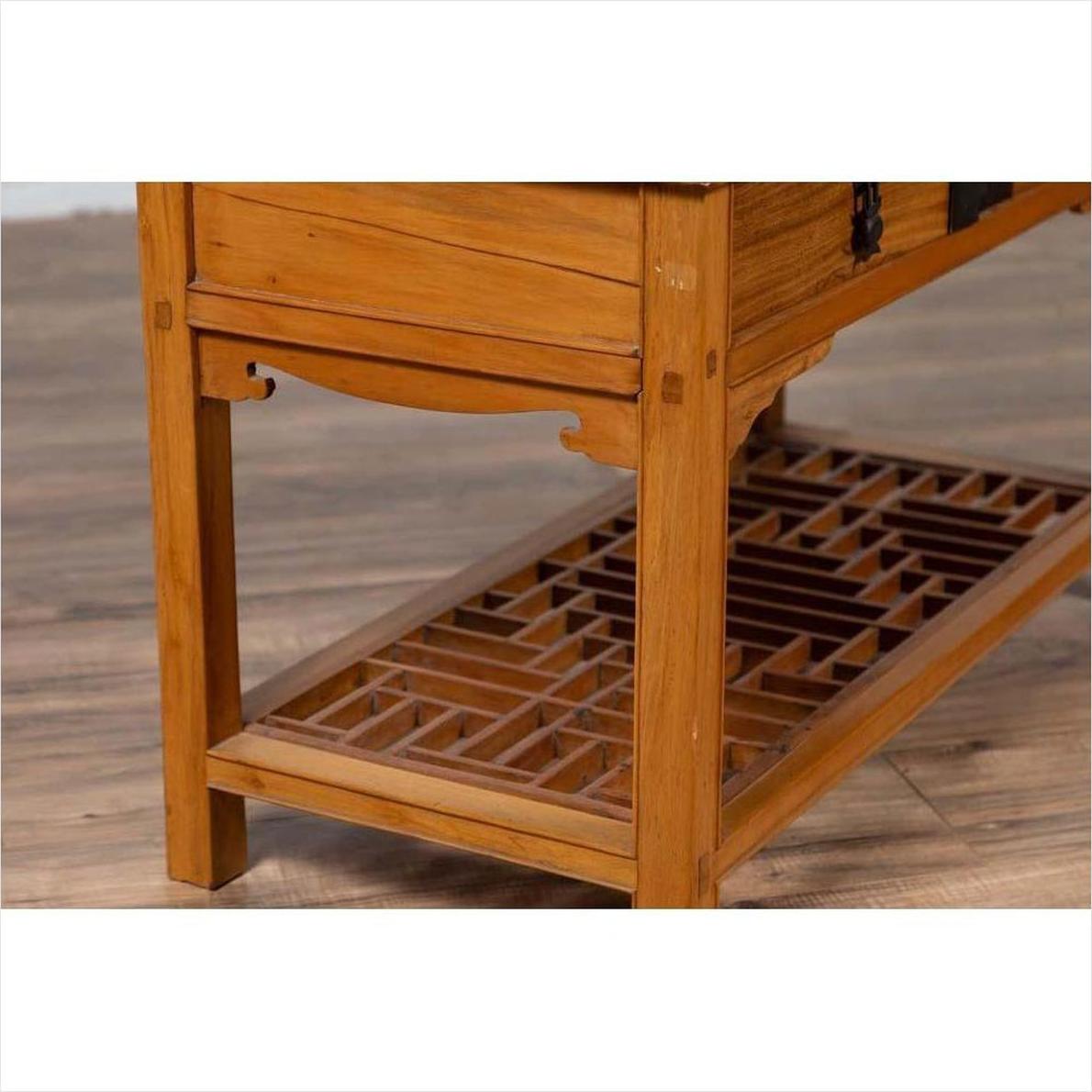 Vintage Chinese Natural Wood Side Table with Two Drawers and Crackled Ice Shelf-12. Asian &amp; Chinese Furniture, Art, Antiques, Vintage Home Décor for sale at FEA Home