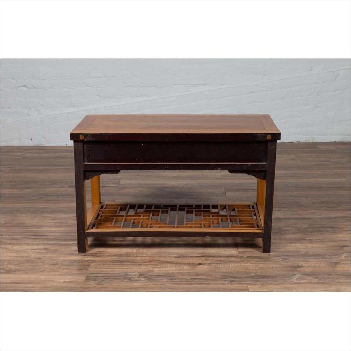 Vintage Chinese Natural Wood Side Table with Two Drawers and Crackled Ice Shelf-14. Asian &amp; Chinese Furniture, Art, Antiques, Vintage Home Décor for sale at FEA Home
