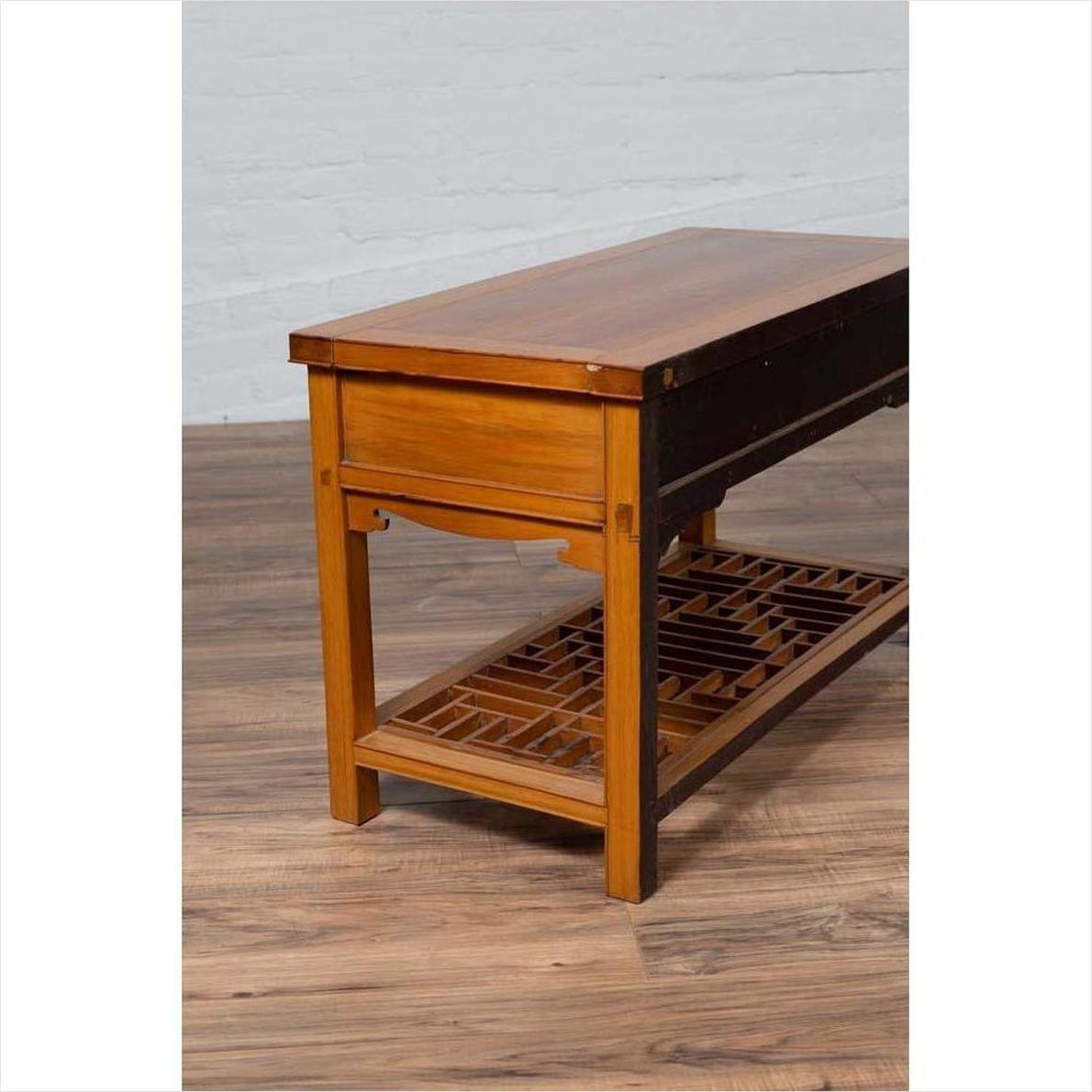 Vintage Chinese Natural Wood Side Table with Two Drawers and Crackled Ice Shelf-15. Asian &amp; Chinese Furniture, Art, Antiques, Vintage Home Décor for sale at FEA Home