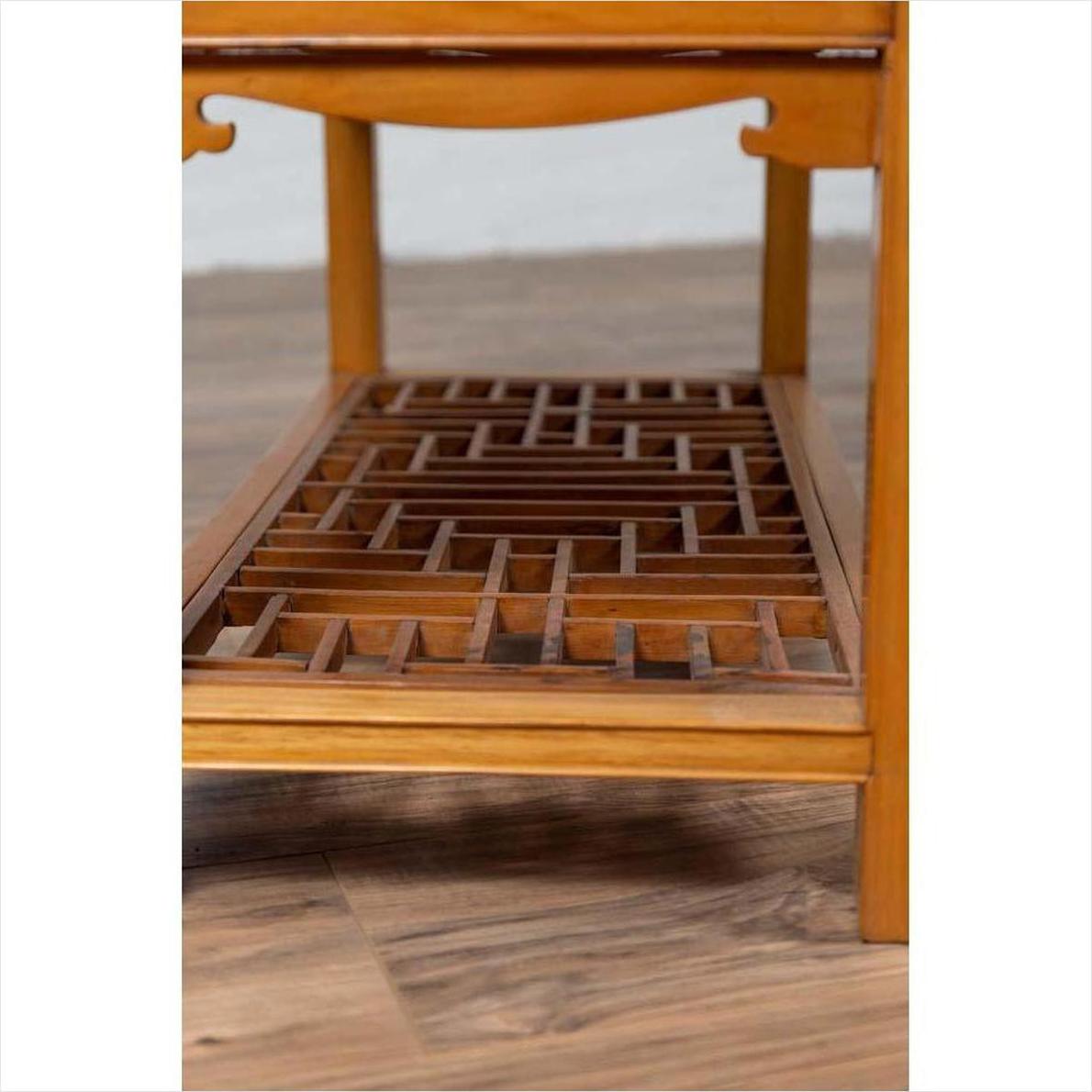 Vintage Chinese Natural Wood Side Table with Two Drawers and Crackled Ice Shelf-16. Asian &amp; Chinese Furniture, Art, Antiques, Vintage Home Décor for sale at FEA Home