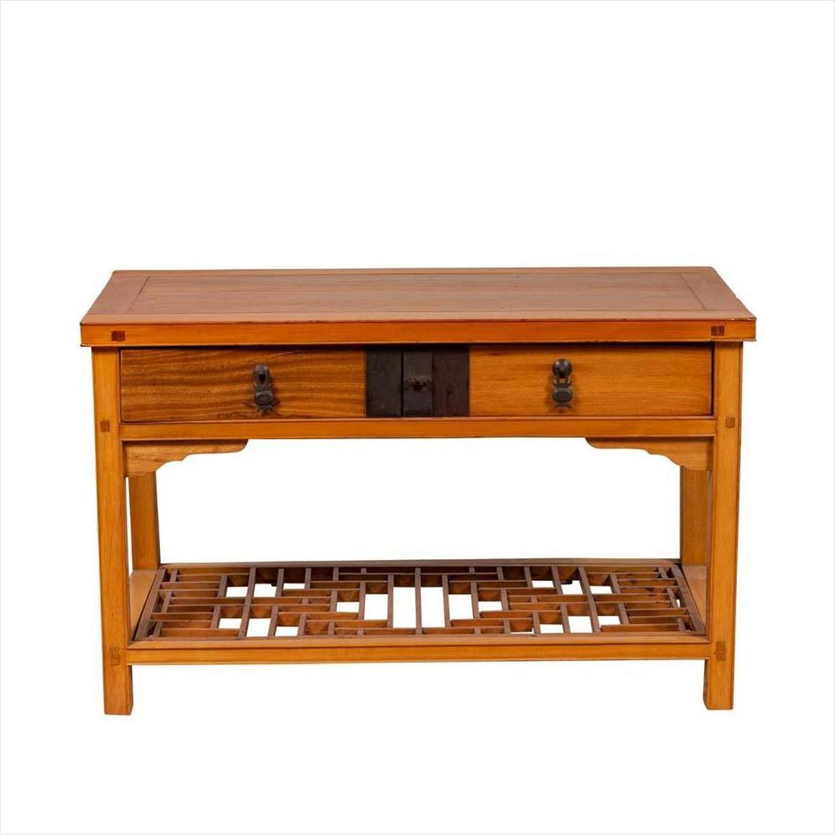 Natural wood side table with vintage Chinese design, two drawers, and crackled ice shelf, front view.