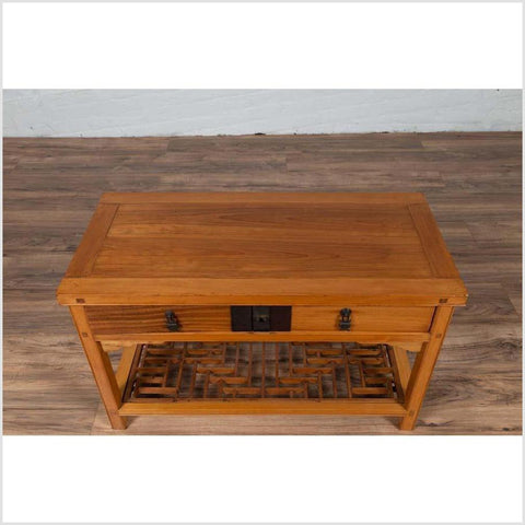 Vintage Chinese Natural Wood Side Table with Two Drawers and Crackled Ice Shelf-YN6136-6. Asian & Chinese Furniture, Art, Antiques, Vintage Home Décor for sale at FEA Home