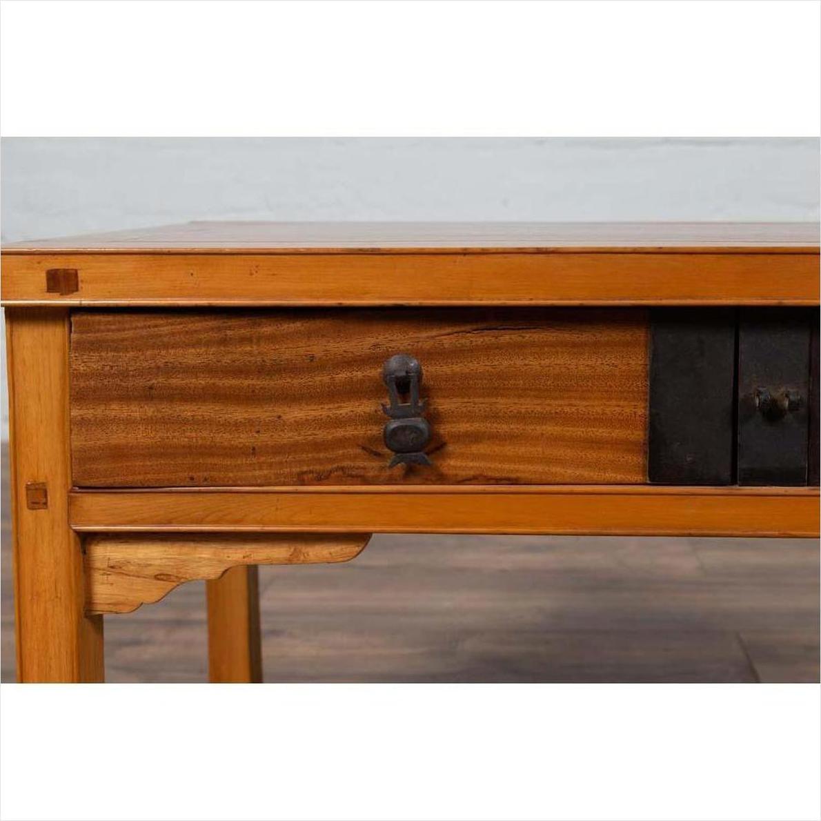 Vintage Chinese Natural Wood Side Table with Two Drawers and Crackled Ice Shelf-7. Asian &amp; Chinese Furniture, Art, Antiques, Vintage Home Décor for sale at FEA Home