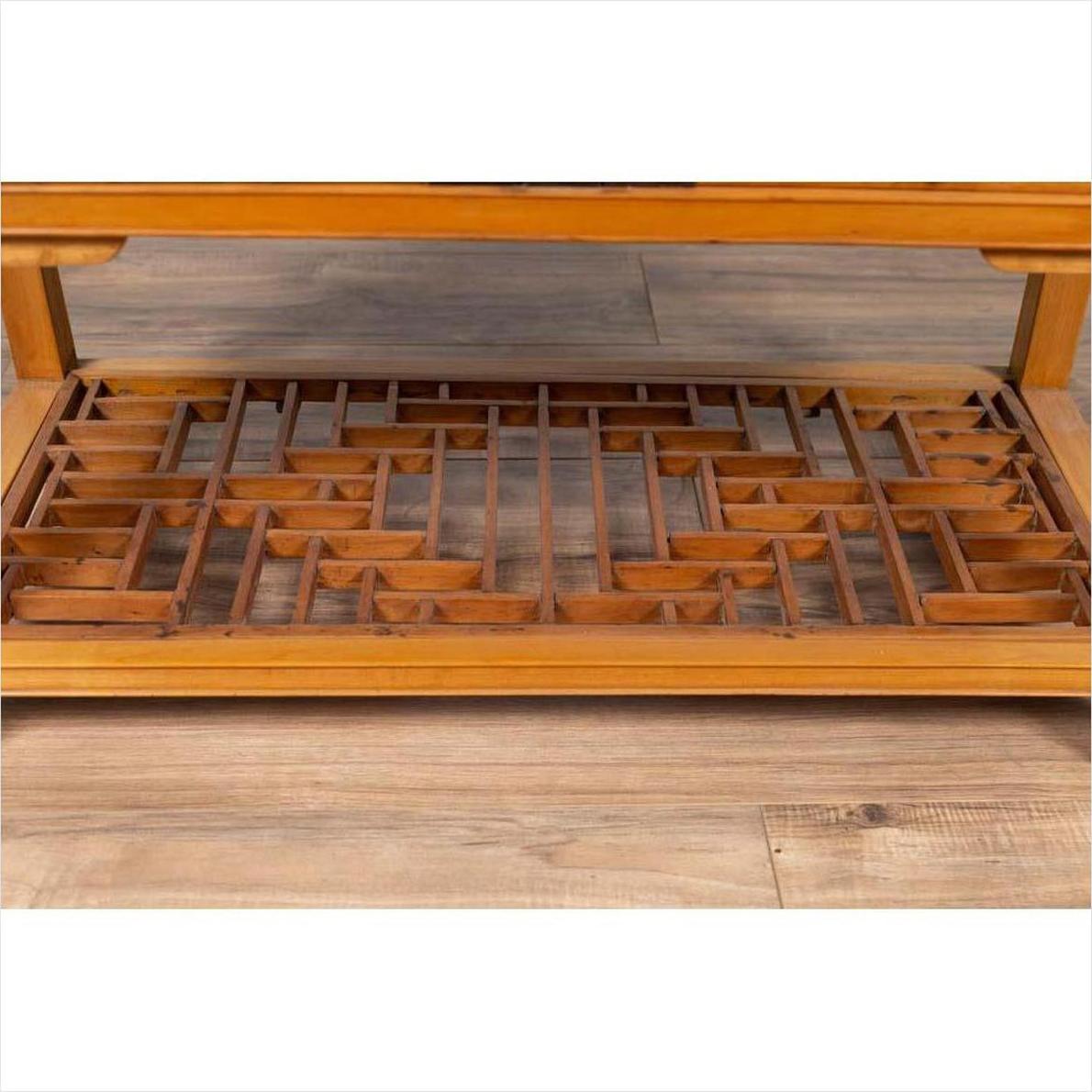 Vintage Chinese Natural Wood Side Table with Two Drawers and Crackled Ice Shelf-9. Asian &amp; Chinese Furniture, Art, Antiques, Vintage Home Décor for sale at FEA Home