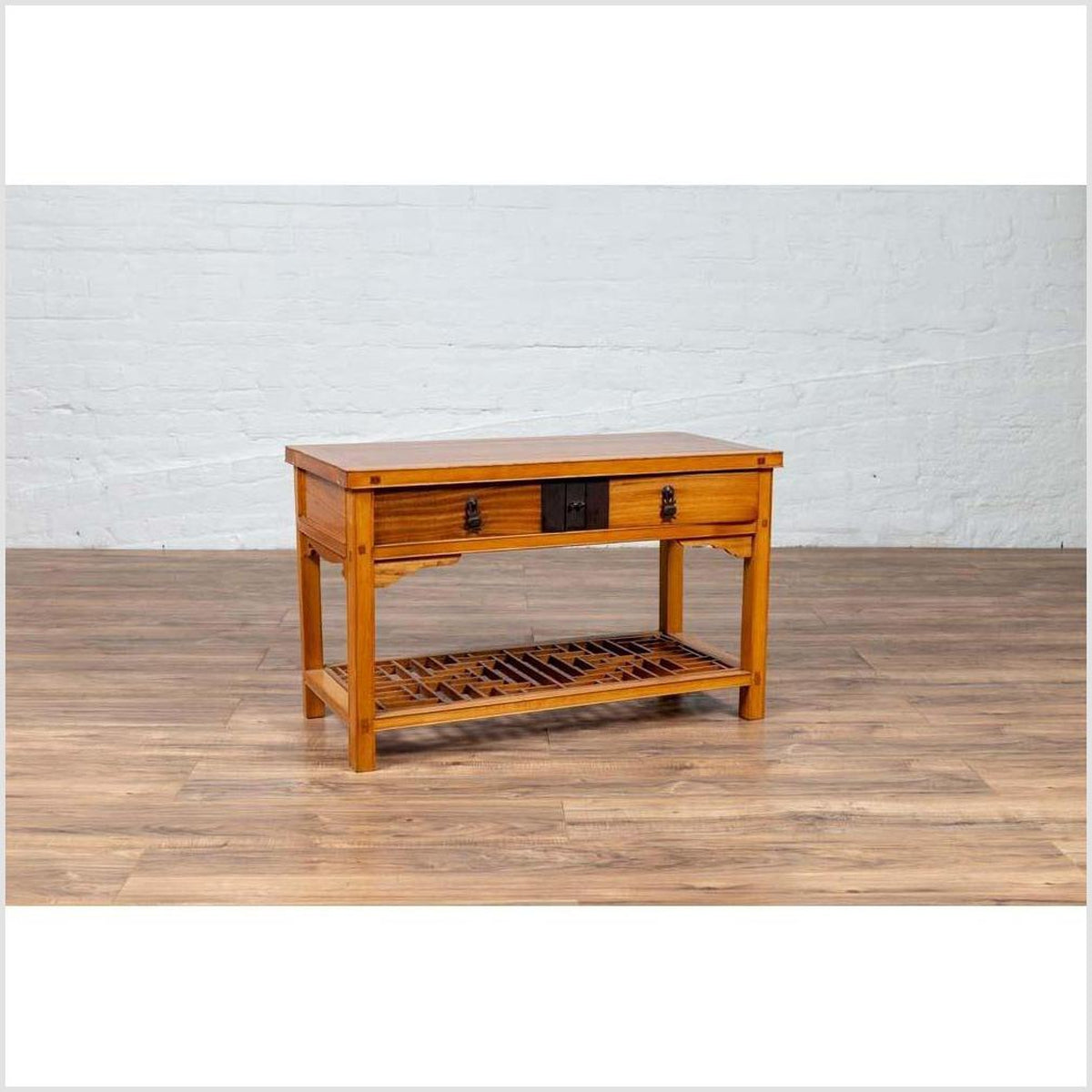 Vintage Chinese Natural Wood Side Table with Two Drawers and Crackled Ice Shelf-10. Asian &amp; Chinese Furniture, Art, Antiques, Vintage Home Décor for sale at FEA Home