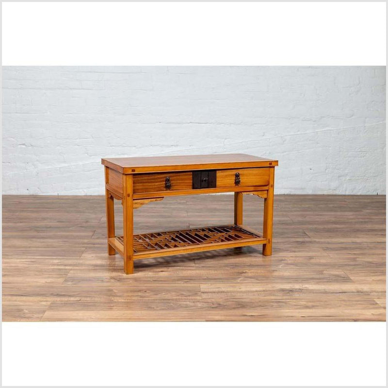 Vintage Chinese Natural Wood Side Table with Two Drawers and Crackled Ice Shelf-YN6136-10. Asian & Chinese Furniture, Art, Antiques, Vintage Home Décor for sale at FEA Home