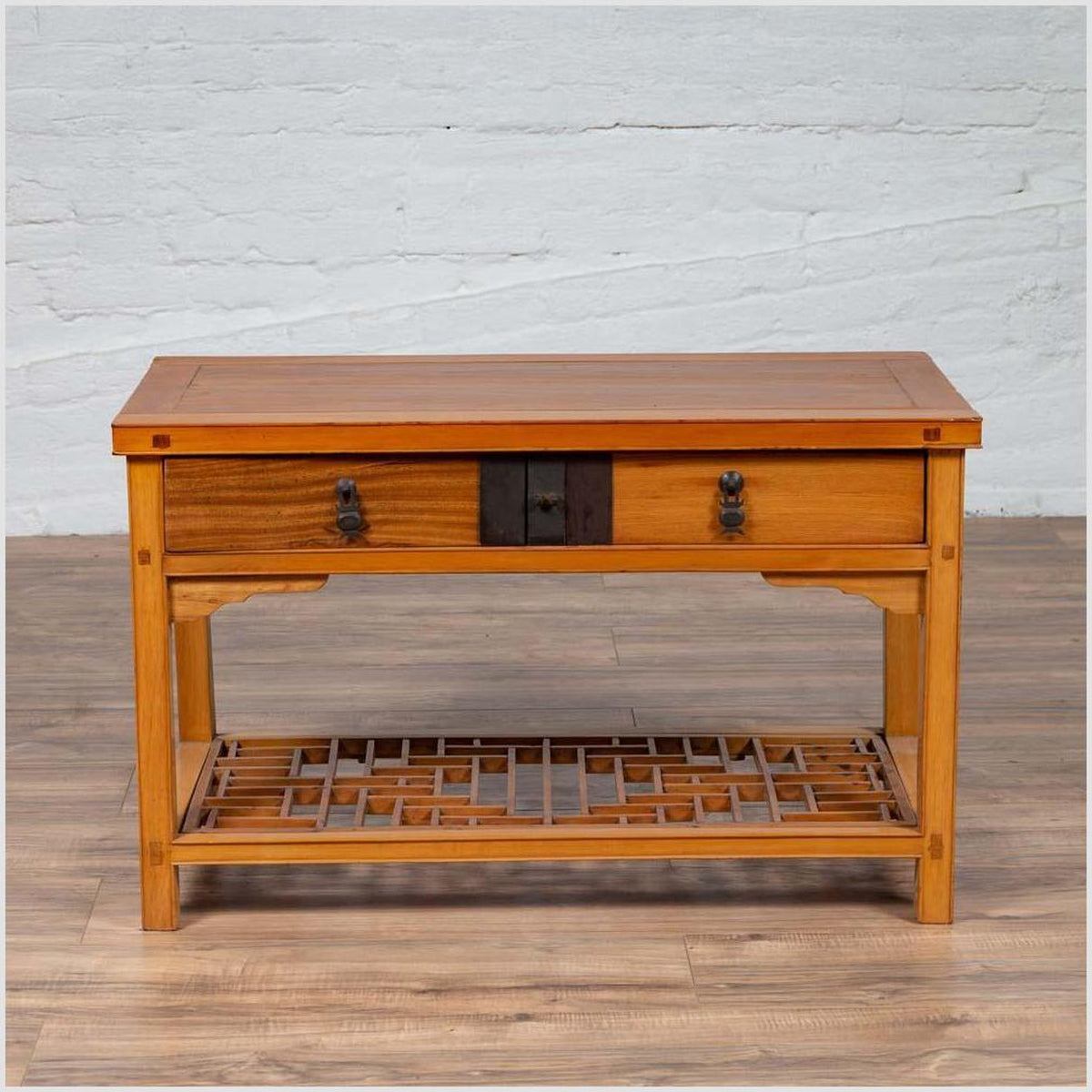 Vintage Chinese Natural Wood Side Table with Two Drawers and Crackled Ice Shelf-2. Asian & Chinese Furniture, Art, Antiques, Vintage Home Décor for sale at FEA Home
