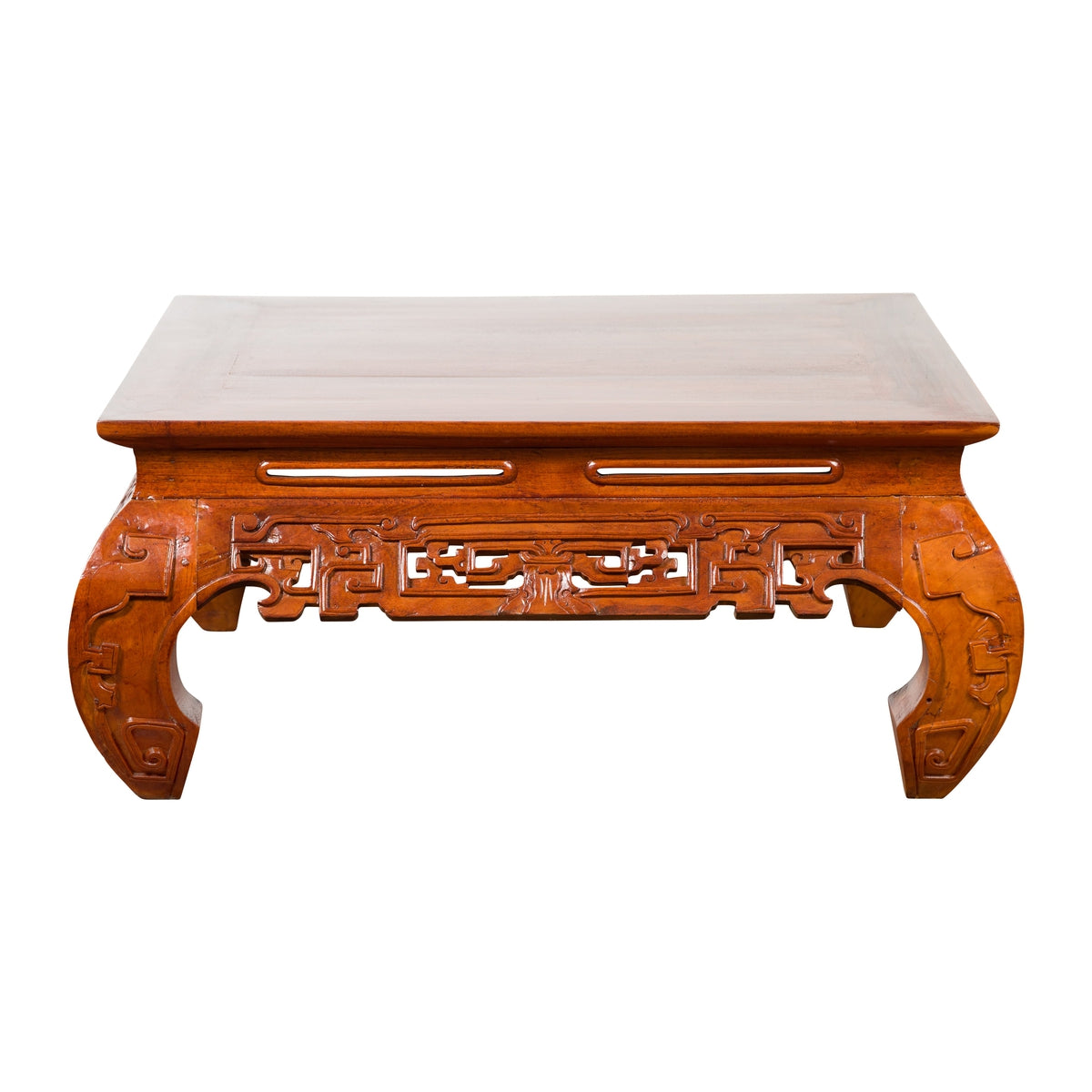 Vintage Chinese Style Low Kang Coffee Table with Carved Scrolls and Chow Legs-1. Asian & Chinese Furniture, Art, Antiques, Vintage Home Décor for sale at FEA Home