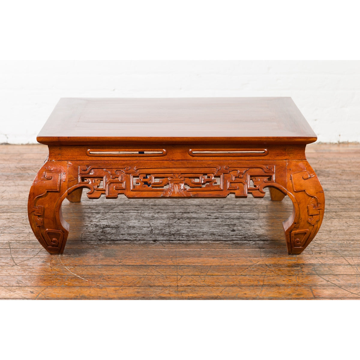 Vintage Chinese Style Low Kang Coffee Table with Carved Scrolls and Chow Legs-2. Asian & Chinese Furniture, Art, Antiques, Vintage Home Décor for sale at FEA Home