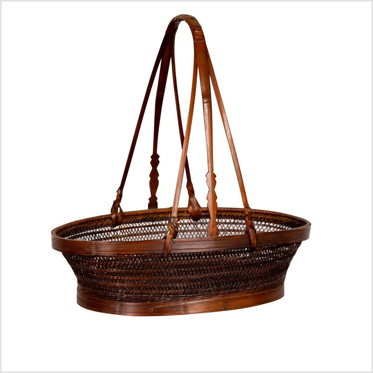 Vintage Chinese Woven Rattan Carrying Basket with Large Tripartite Handle-1. Asian & Chinese Furniture, Art, Antiques, Vintage Home Décor for sale at FEA Home