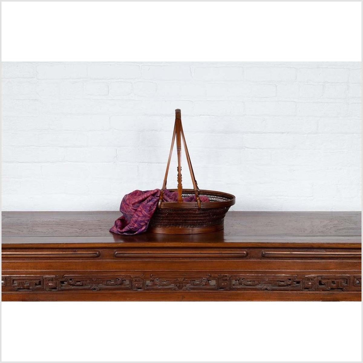 Vintage Chinese Woven Rattan Carrying Basket with Large Tripartite Handle-12. Asian &amp; Chinese Furniture, Art, Antiques, Vintage Home Décor for sale at FEA Home