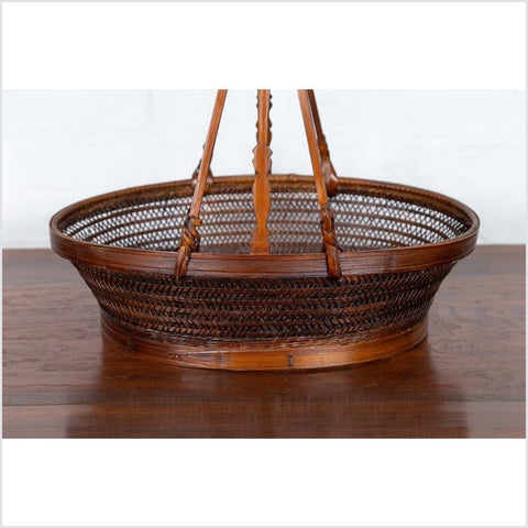 Vintage Chinese Woven Rattan Carrying Basket with Large Tripartite Handle-YN6308-4. Asian & Chinese Furniture, Art, Antiques, Vintage Home Décor for sale at FEA Home