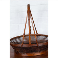 Vintage Chinese Woven Rattan Carrying Basket with Large Tripartite Handle