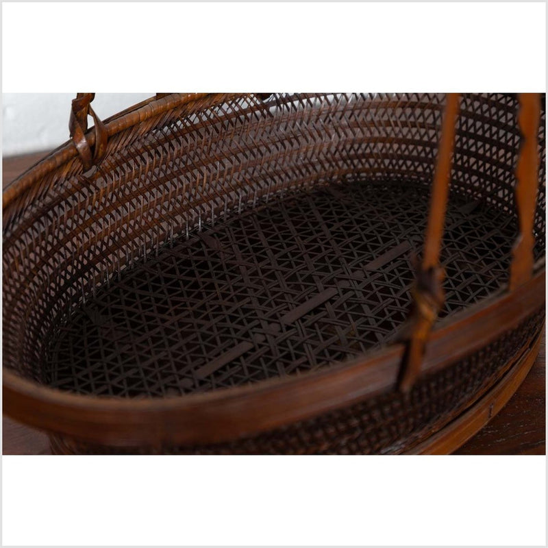 Vintage Chinese Woven Rattan Carrying Basket with Large Tripartite Handle-YN6308-6. Asian & Chinese Furniture, Art, Antiques, Vintage Home Décor for sale at FEA Home