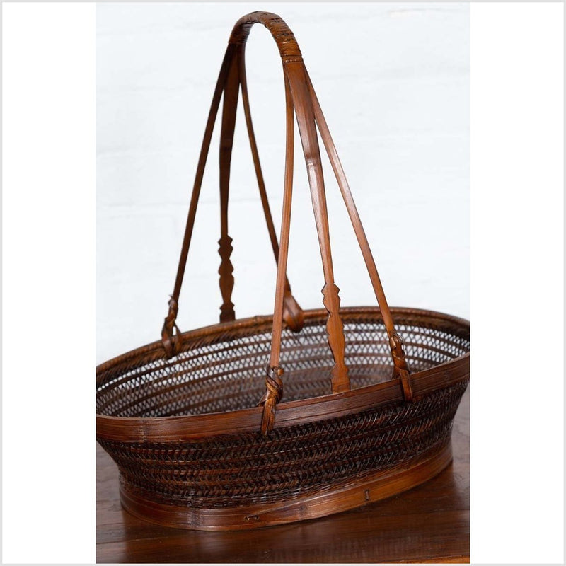 Vintage Chinese Woven Rattan Carrying Basket with Large Tripartite Handle-YN6308-7. Asian & Chinese Furniture, Art, Antiques, Vintage Home Décor for sale at FEA Home
