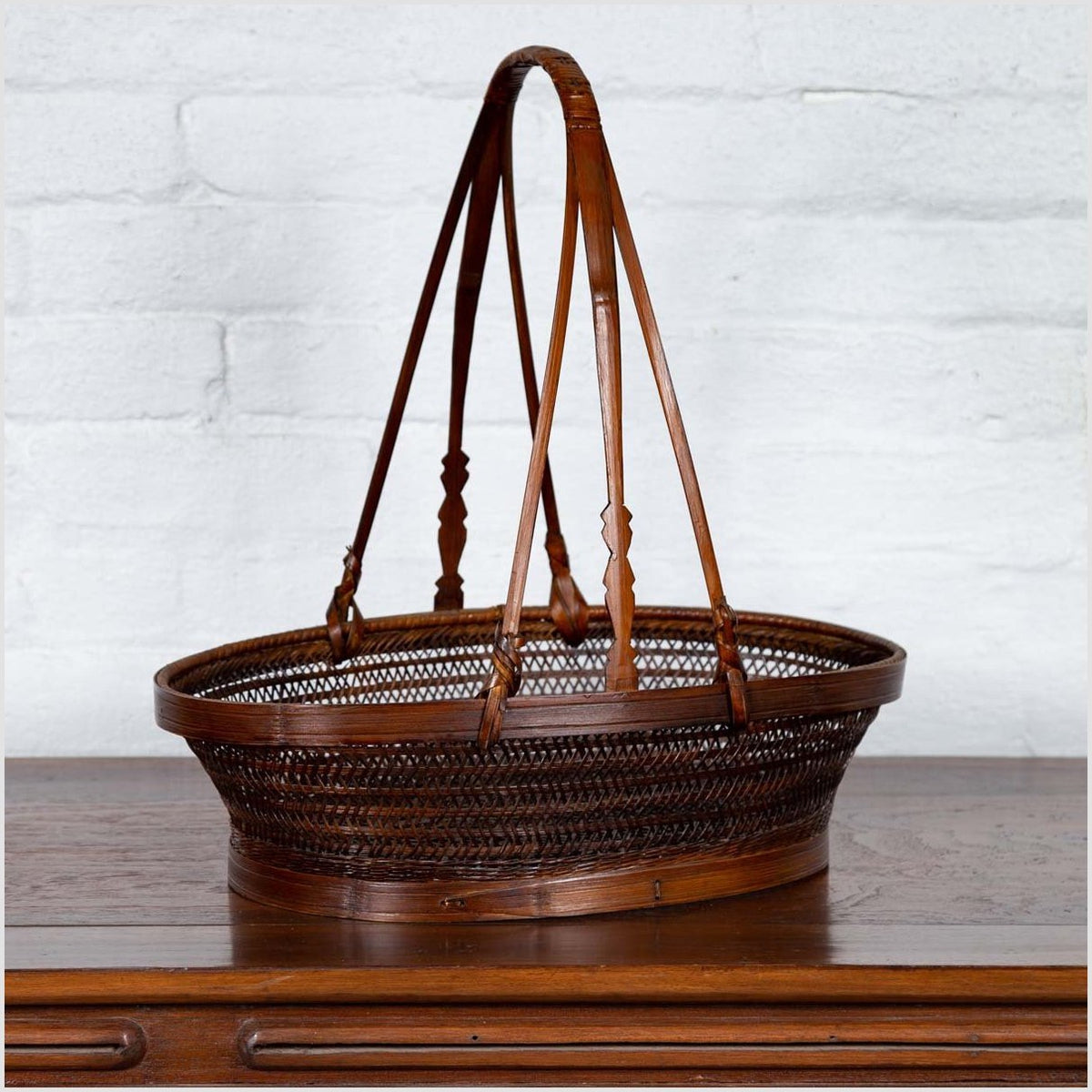 Vintage Chinese Woven Rattan Carrying Basket with Large Tripartite Handle-2. Asian & Chinese Furniture, Art, Antiques, Vintage Home Décor for sale at FEA Home