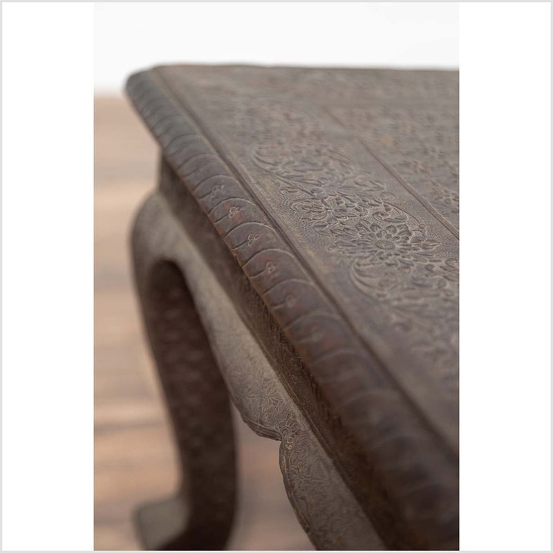 Vintage Indian Coffee Table with Brushed Metal Patina over Wood and Floral Décor-YN6141-14. Asian & Chinese Furniture, Art, Antiques, Vintage Home Décor for sale at FEA Home