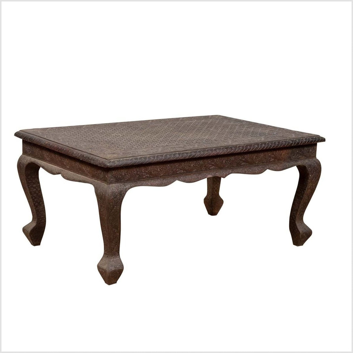Vintage Indian Coffee Table with Brushed Metal Patina over Wood and Floral Décor-1. Asian & Chinese Furniture, Art, Antiques, Vintage Home Décor for sale at FEA Home
