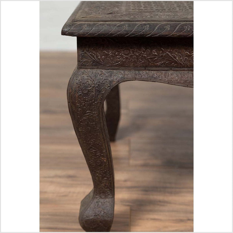 Vintage Indian Coffee Table with Brushed Metal Patina over Wood and Floral Décor-YN6141-9. Asian & Chinese Furniture, Art, Antiques, Vintage Home Décor for sale at FEA Home