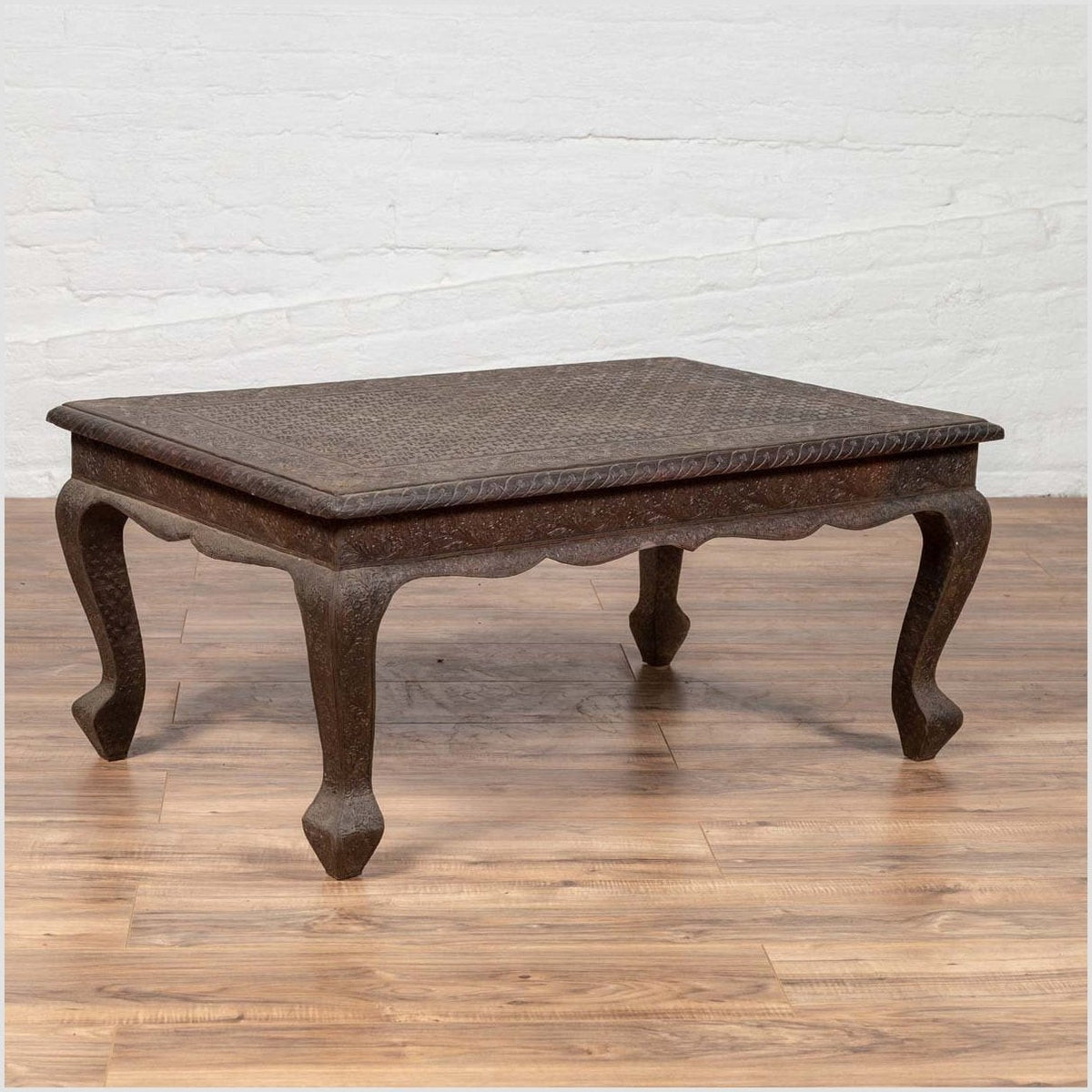 Vintage Indian Coffee Table with Brushed Metal Patina over Wood and Floral Décor-2. Asian & Chinese Furniture, Art, Antiques, Vintage Home Décor for sale at FEA Home