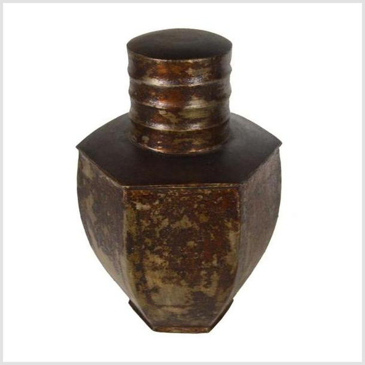Vintage Indian Hand-Hammered Distressed Tin Storage Canister, Early 20th Century-4. Asian &amp; Chinese Furniture, Art, Antiques, Vintage Home Décor for sale at FEA Home