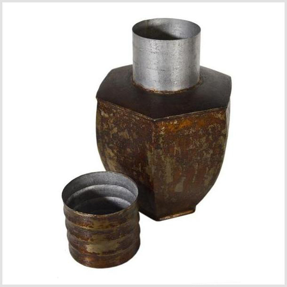 Vintage Indian Hand-Hammered Distressed Tin Storage Canister, Early 20th Century-1. Asian & Chinese Furniture, Art, Antiques, Vintage Home Décor for sale at FEA Home