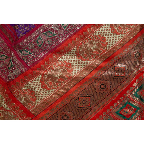 Vintage Silk Indian Embroidered Fabric with Red, Orange, Purple and Golden Tones-YN6518-10. Asian & Chinese Furniture, Art, Antiques, Vintage Home Décor for sale at FEA Home