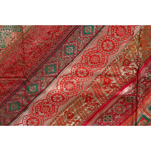 Vintage Silk Indian Embroidered Fabric with Red, Orange, Purple and Golden Tones-YN6518-11. Asian & Chinese Furniture, Art, Antiques, Vintage Home Décor for sale at FEA Home