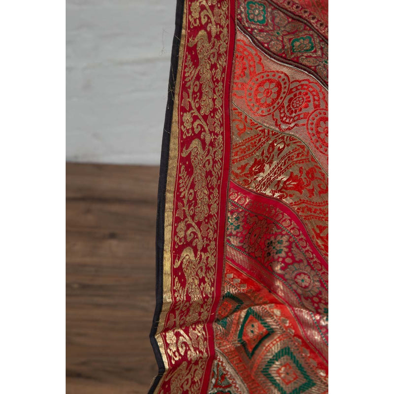 Vintage Indian Silk Embroidered Fabric with Red, Orange, Purple and Golden Tones