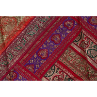 Vintage Silk Indian Embroidered Fabric with Red, Orange, Purple and Golden Tones