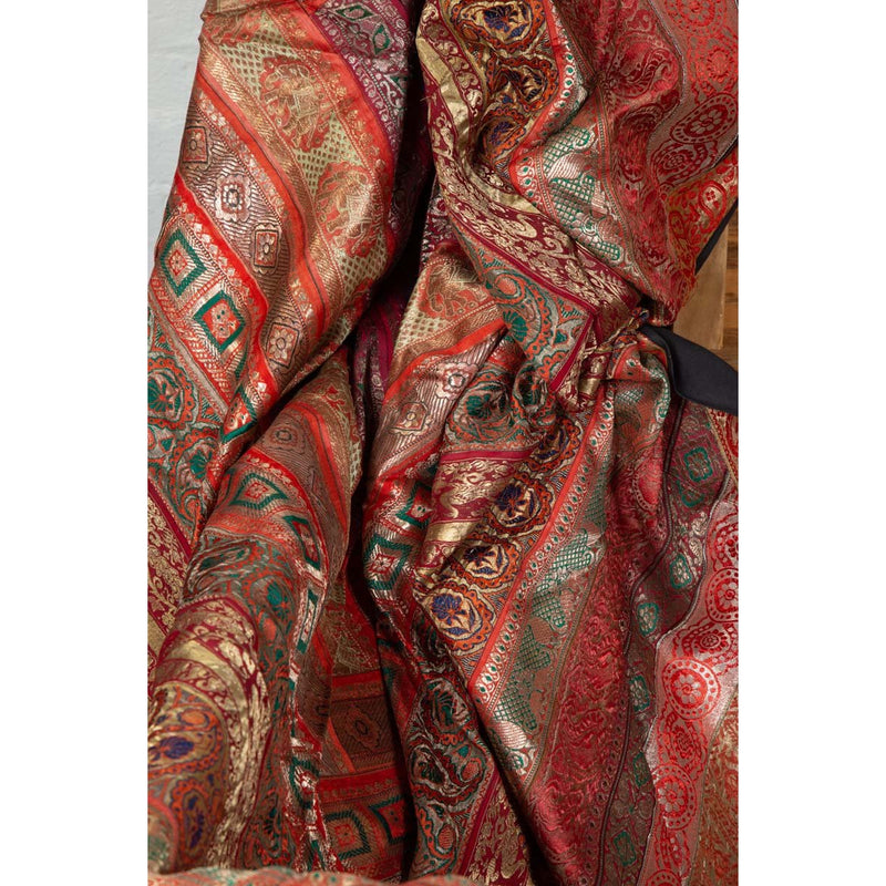 Vintage Silk Indian Embroidered Fabric with Red, Orange, Purple and Golden Tones-YN6518-17. Asian & Chinese Furniture, Art, Antiques, Vintage Home Décor for sale at FEA Home