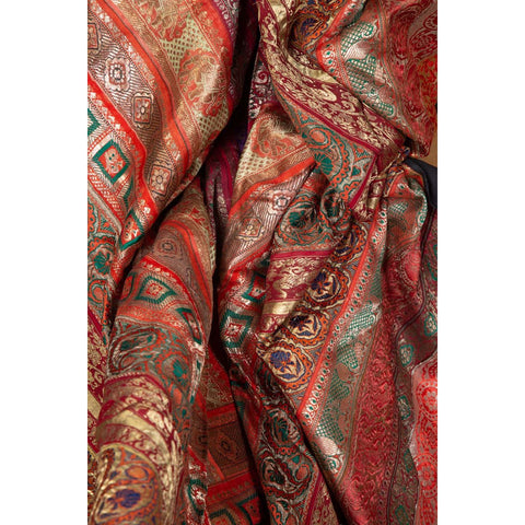 Vintage Silk Indian Embroidered Fabric with Red, Orange, Purple and Golden Tones-YN6518-18. Asian & Chinese Furniture, Art, Antiques, Vintage Home Décor for sale at FEA Home