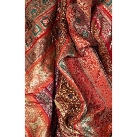 Vintage Silk Indian Embroidered Fabric with Red, Orange, Purple and Golden Tones-YN6518-19. Asian & Chinese Furniture, Art, Antiques, Vintage Home Décor for sale at FEA Home