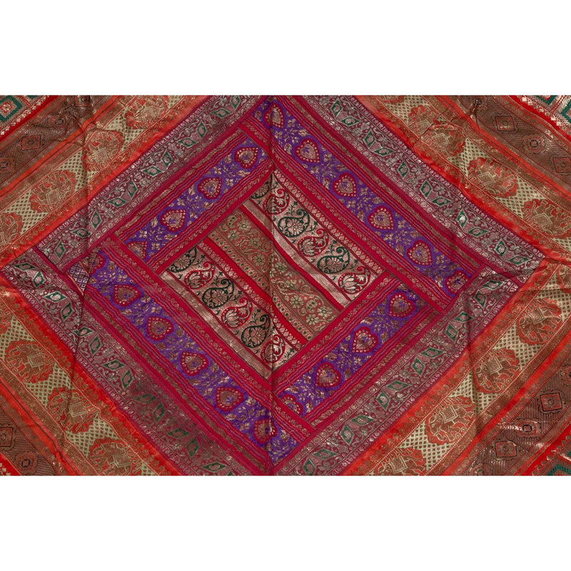 Vintage Silk Indian Embroidered Fabric with Red, Orange, Purple and Golden Tones- Asian Antiques, Vintage Home Decor & Chinese Furniture - FEA Home