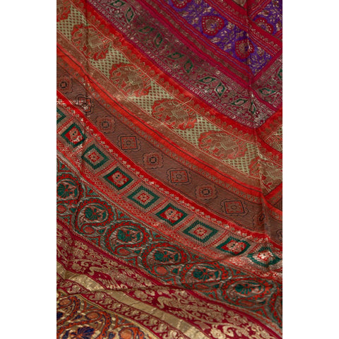 Vintage Silk Indian Embroidered Fabric with Red, Orange, Purple and Golden Tones-YN6518-7. Asian & Chinese Furniture, Art, Antiques, Vintage Home Décor for sale at FEA Home