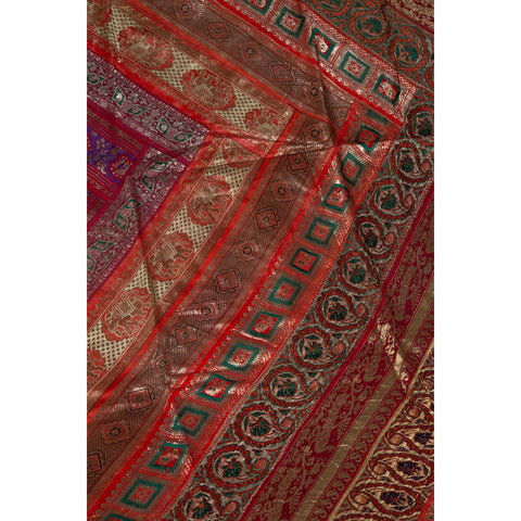Vintage Indian Silk Embroidered Fabric with Red, Orange, Purple and Golden Tones