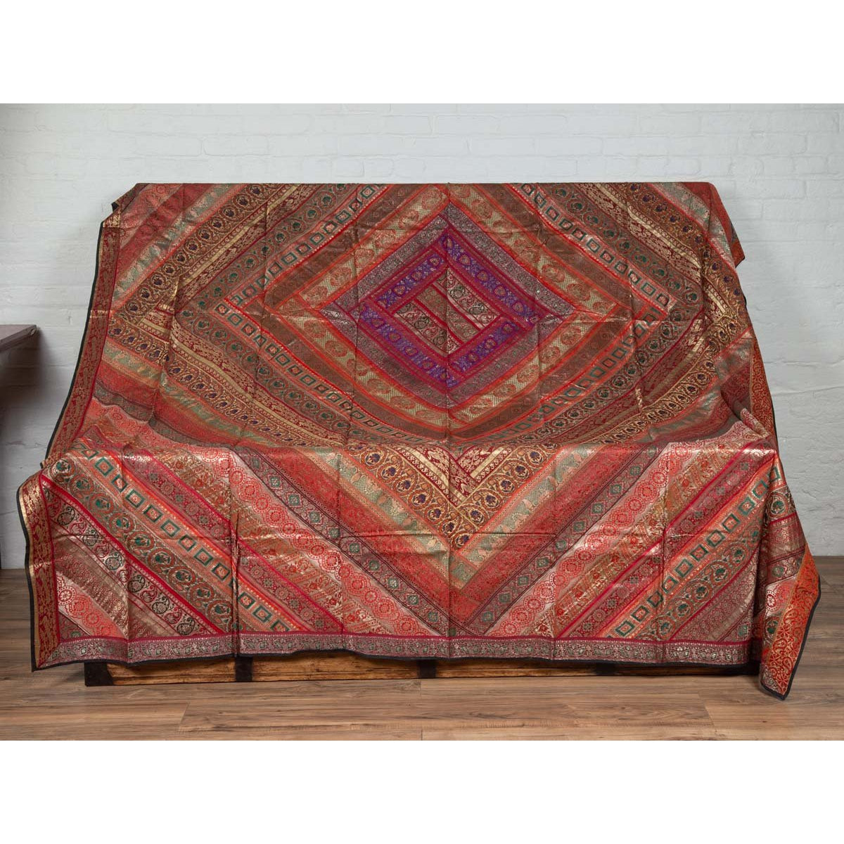 Vintage Silk Indian Embroidered Fabric with Red, Orange, Purple and Golden Tones-1. Asian &amp; Chinese Furniture, Art, Antiques, Vintage Home Décor for sale at FEA Home