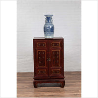 Vintage Japanese Display Cabinet with Red Negora Lacquer and Gilded Calligraphy