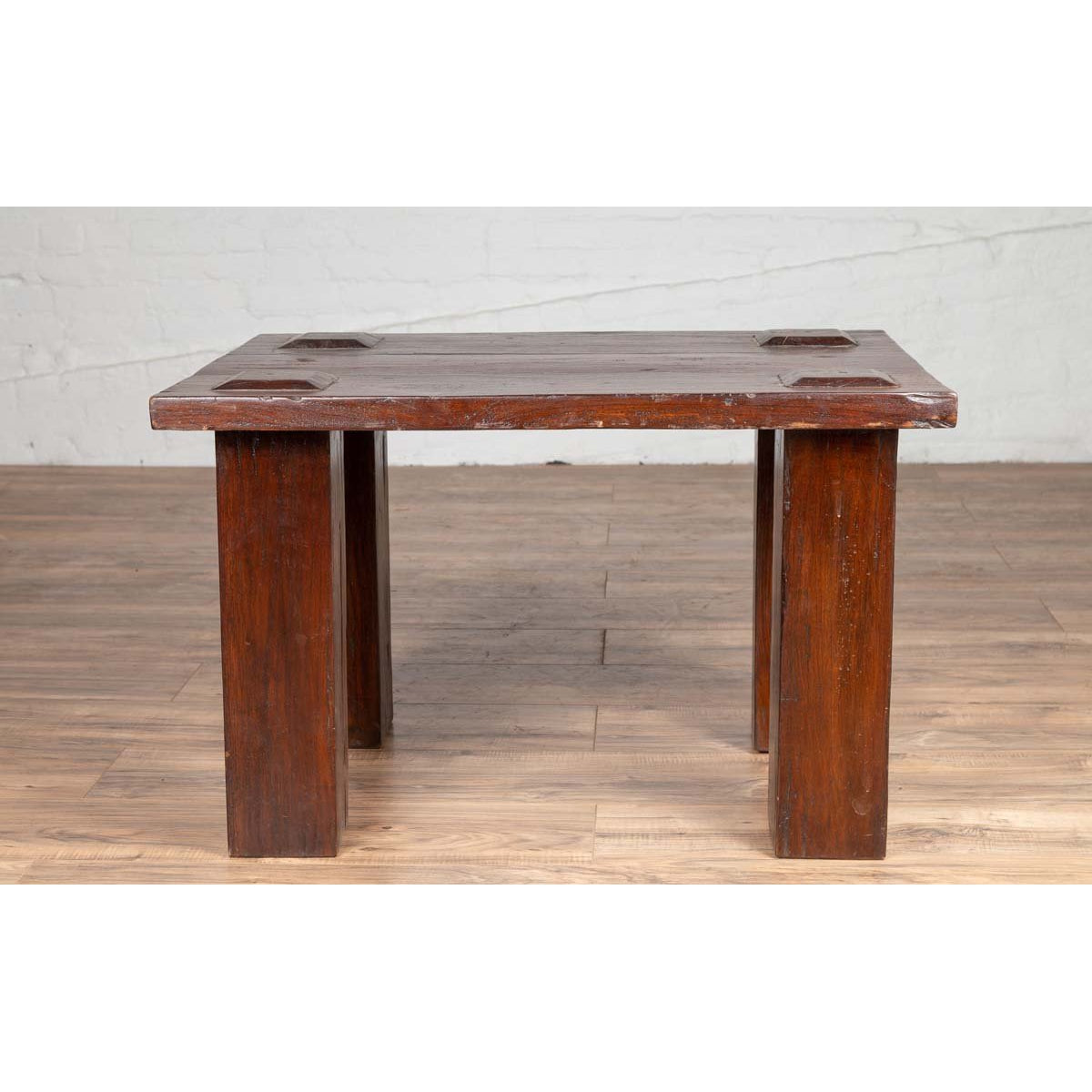 Vintage Javanese Midcentury Wooden Bench with Raised Motifs and Straight Legs-5. Asian &amp; Chinese Furniture, Art, Antiques, Vintage Home Décor for sale at FEA Home