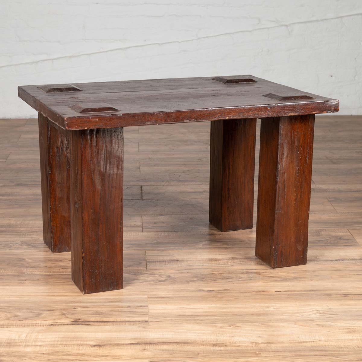 Vintage Javanese Midcentury Wooden Bench with Raised Motifs and Straight Legs-7. Asian &amp; Chinese Furniture, Art, Antiques, Vintage Home Décor for sale at FEA Home