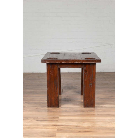 Vintage Javanese Midcentury Wooden Bench with Raised Motifs and Straight Legs