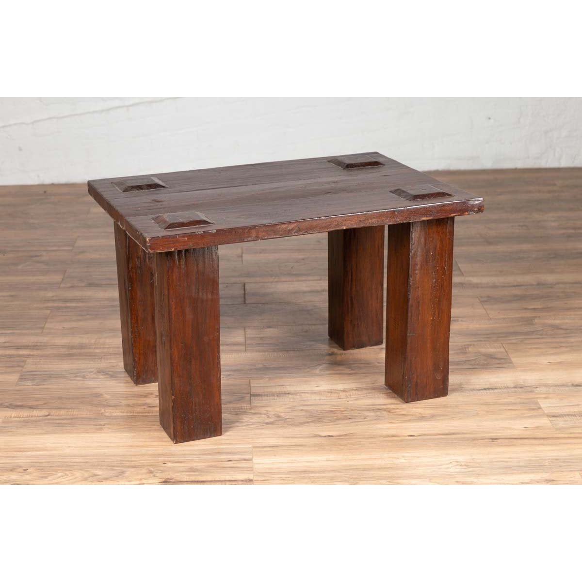 Vintage Javanese Midcentury Wooden Bench with Raised Motifs and Straight Legs-2. Asian & Chinese Furniture, Art, Antiques, Vintage Home Décor for sale at FEA Home