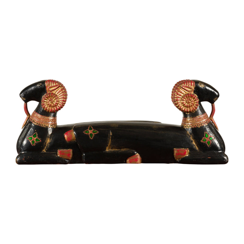 Vintage Northern Thai Double Ram Painted Sculpture with Gilt and Jewelry Motifs-YN7796-1. Asian & Chinese Furniture, Art, Antiques, Vintage Home Décor for sale at FEA Home