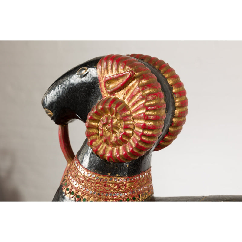 Vintage Northern Thai Double Ram Painted Sculpture with Gilt and Jewelry Motifs-YN7796-11. Asian & Chinese Furniture, Art, Antiques, Vintage Home Décor for sale at FEA Home